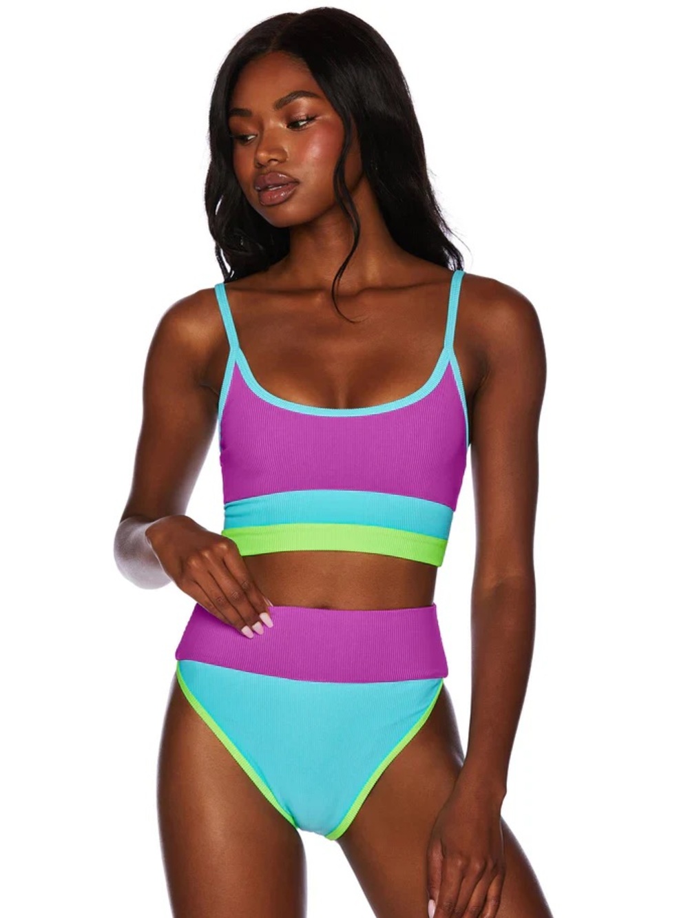 Beach Riot Eva Ribbed Bralette Bikini Top in Fluorescents Color block Size Large